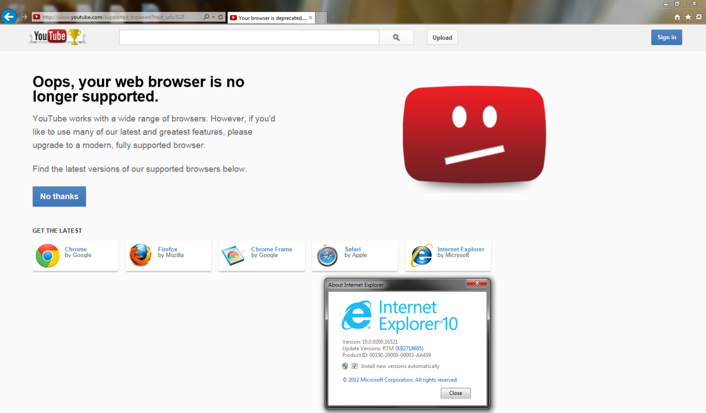 YouTube encourages users to update their browser