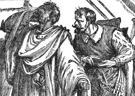 Etching of Iago and Othello from Othello by William Shakespeare. Othello appears exasperated as Iago speaks to him.