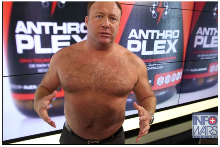 Alex Jones shirtless in front of an ad for a fraudulent health supplement.