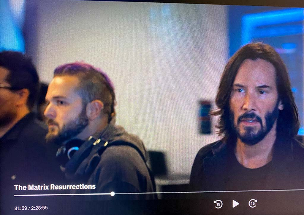 Screen shot from The Matrix Resurrections with me and Keanu Reeves