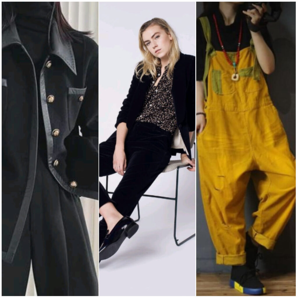 Three non-binary outfit examples: a black stylish button-down, a blouse and slacks combo, and streetwear yellow overalls
