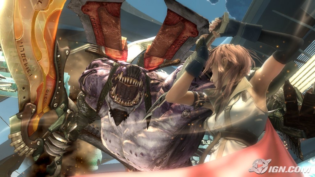 Lightning fights a Behemoth in Final Fantasy XIII