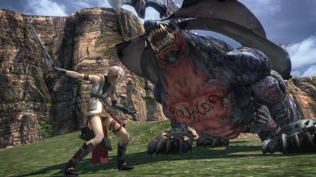 Lightning fights a huge purple beast with giant horns in a grassy valley.