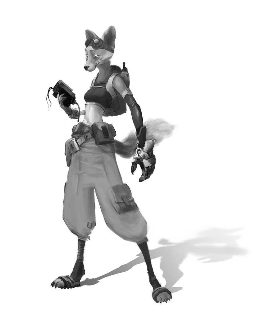 Xerah, a cyberpunk anthropomorphic fox character from Animosity by Corry Frydlewicz