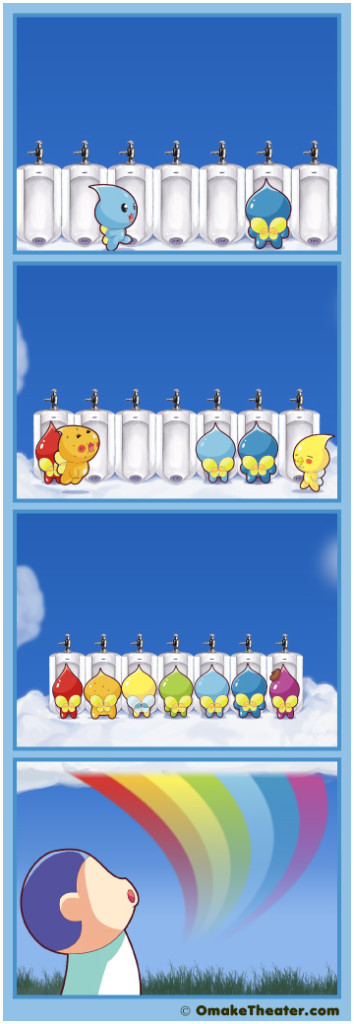 Comic shows a row of urinals lined up in front of an open sky. Then small colorful creatures begin using them one by one. Then a person looks up at a beautiful rainbow in awe.