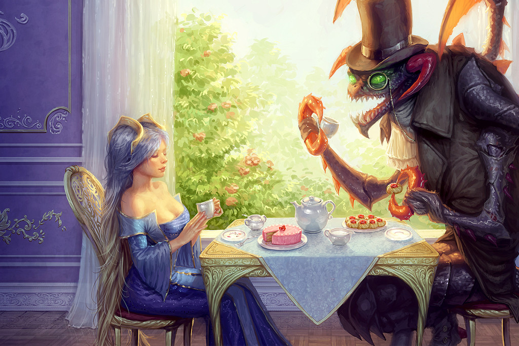 Fan art of Sona and Gentleman Cho'Gath from League of Legends having a tea party.