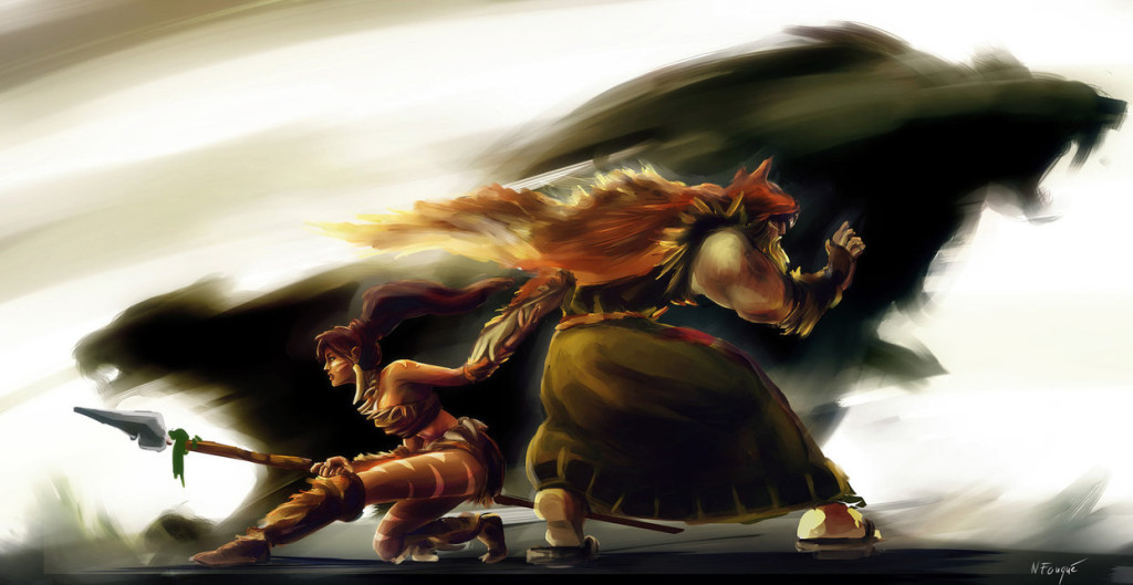 Fan art of Udyr and Nidalee from League of Legends fighting back to back cooperatively.