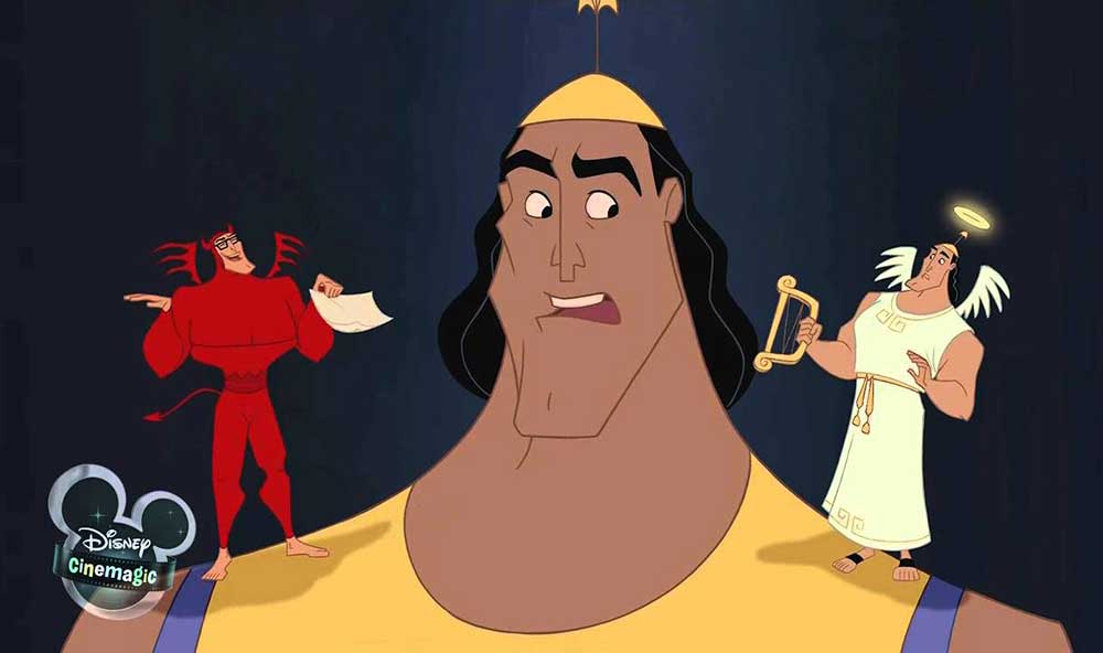 Kronk from the Emperor's New Groove with angel and devil versions of h...