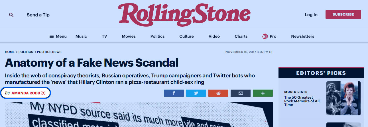 Rolling Stone article Anatomy of a Fake News Scandal. The author, Amanda Robb, has her name circled.