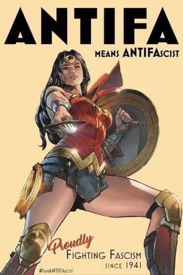Wonder Woman posing heroically with her sword and shield. Text displays: Antifa means Antifascist, proudly fighting fascism since 1941.