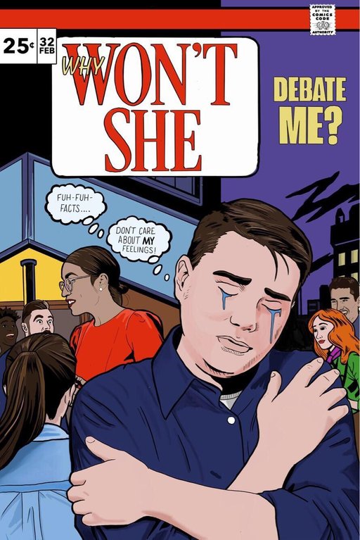 Satire of a comic book cover titled 'Why Won't She Debate Me?' with a crying man walking away from a prominent woman in the background addressing a crowd of interested people.