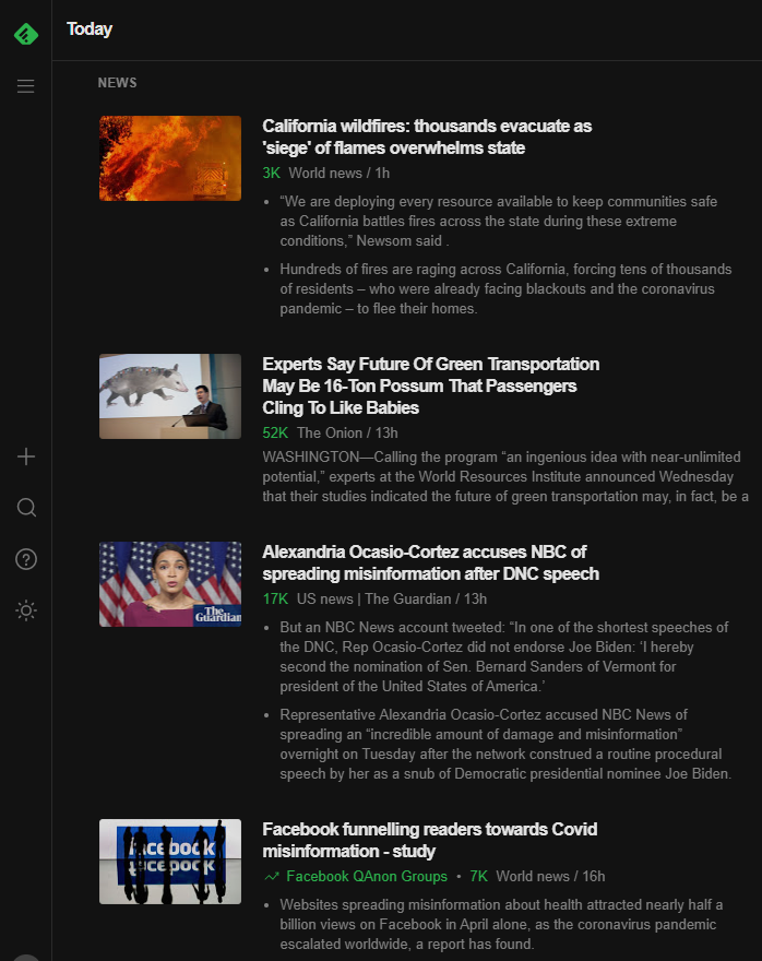 Screenshot of Feedly RSS feed, showing news of California wildfires, a funny Onion article, news about the DNC, and an expose about Qanon groups spreading misinformation on Facebook