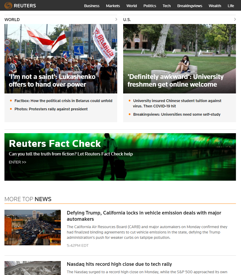 Reuters homepage, featuring stories about the Belarus uprising, university students returning to campus during COVID-19, and California emission deals with automakers.