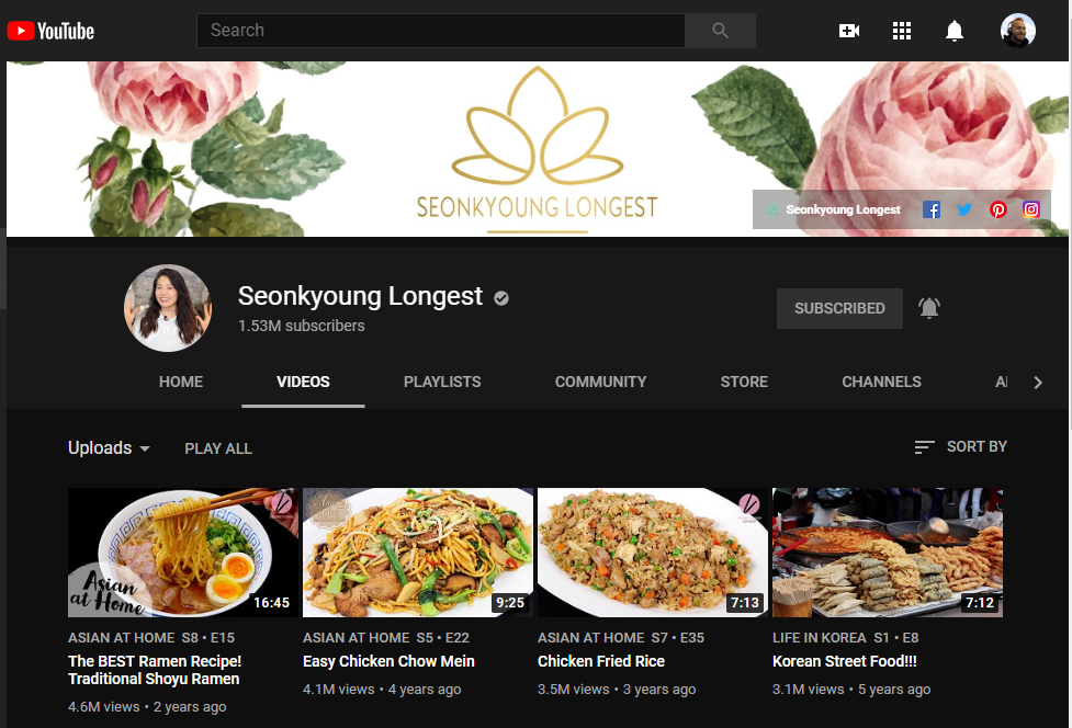 A screenshot of Seonkyoung Longest's YouTube cooking channel. She teaches viewers how to make various Asian dishes.