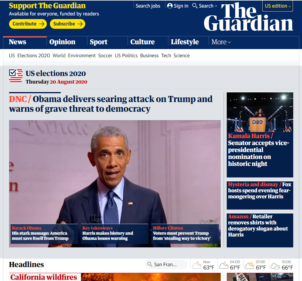 The Guardian homepage, featuring stories about the DNC events this week.