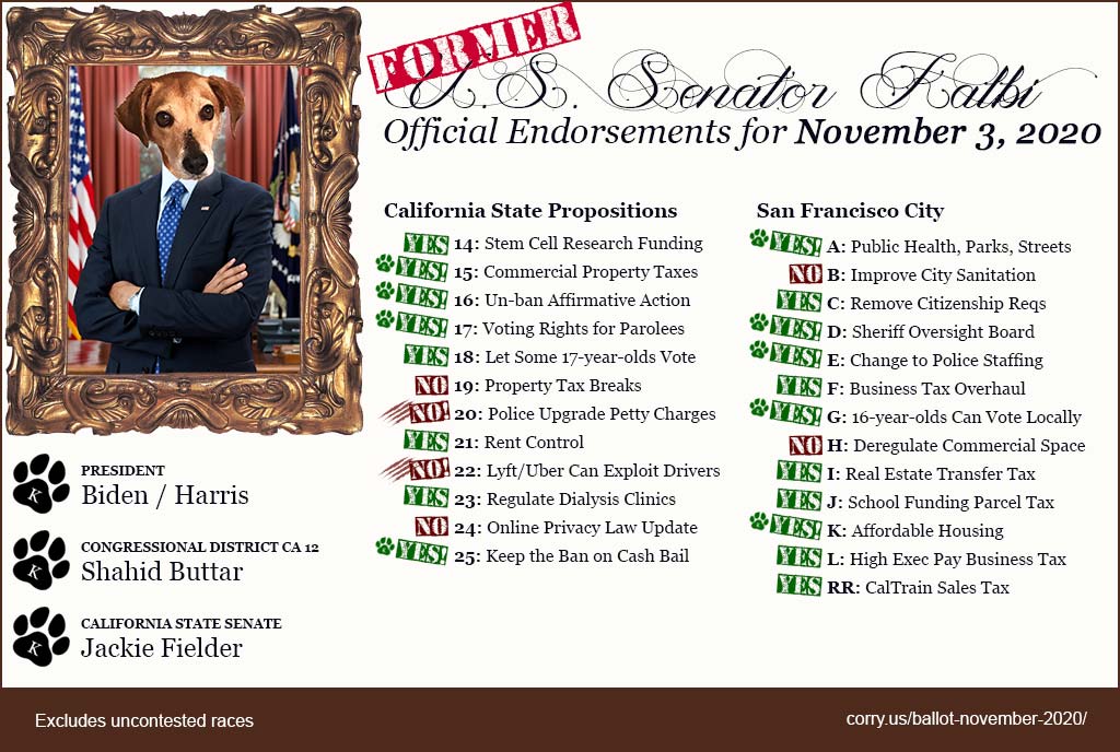 Former Senator Kalbi's November 2020 Election Endorsements Meme. Biden/Harris for President. Shahid Buttar for District 12 Congress seat. Jackie Fielder for State Senate. California State Propositions: Yes on 14, Yes on 15, Yes on 16, Yes on 17, Yes on 18, No on 19, No on 20, Yes on 21, No on 22, Yes on 23, No on 24, Yes on 25. San Francisco City Measures: Yes on A, No on B, Yes on C, Yes on D, Yes on E, Yes on F, Yes on G, No on H, Yes on I, Yes on J, Yes on K, Yes on L, Yes on RR.