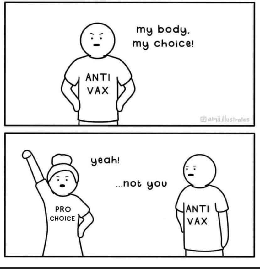 Comic frame 1: A person wearing an anti-vax shirt says my body, my choice. Frame 2: Another person wearing a pro choice shirt says yea. The anti-vax person says ...not you