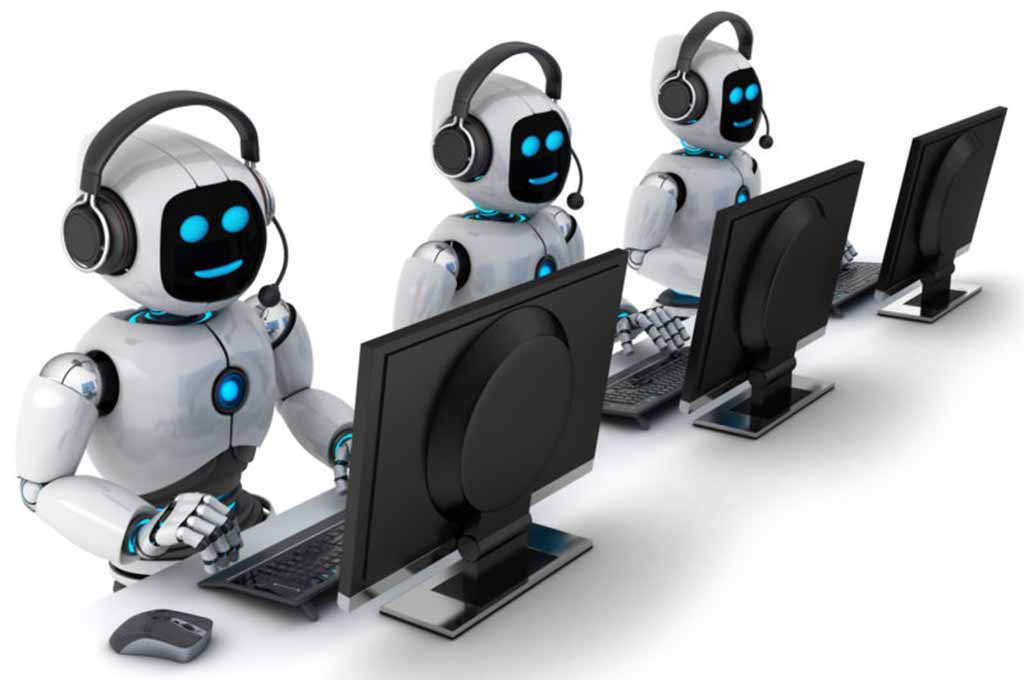 Robots at computers with headsets
