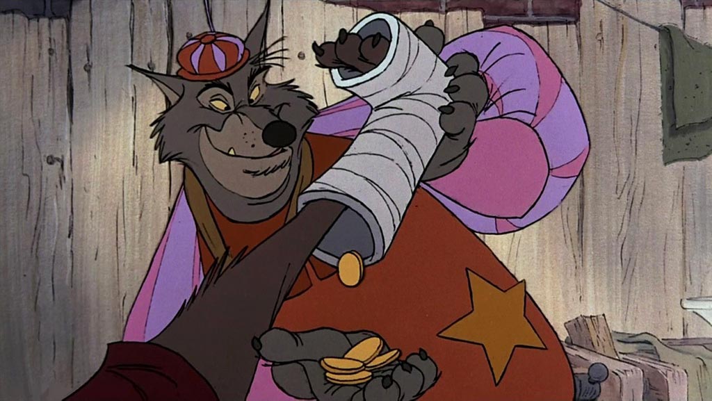 The Sheriff from Disney's Robin Hood stealing coins from a poor injured old man's leg cast.
