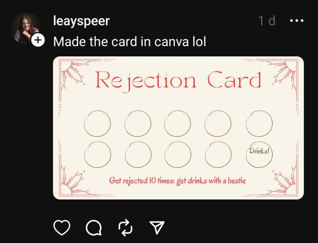 Rejection Punch Card where one gets drinks after 10 rejections, made by @leayspeer