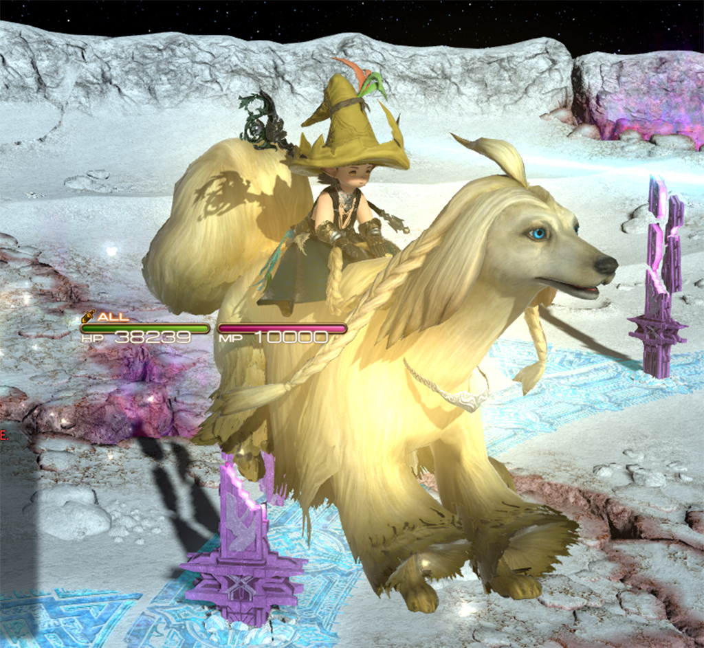 My Lalafell Black Mage riding a magical dog as we fly across the moon