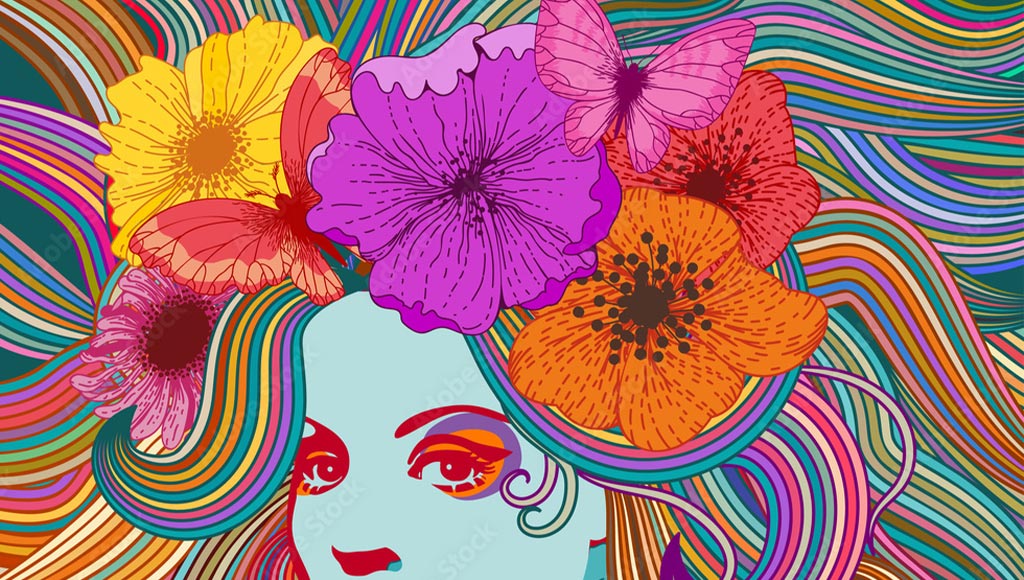 Colorful digital illustration of a person with wavy hair and flowers in it