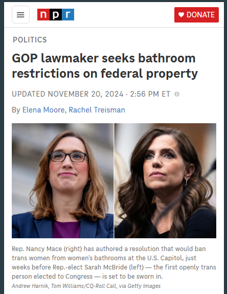 NPR News Article: GOP lawmaker seeks bathroom restrictions on federal property. Rep. Nancy Mace has authored a resolution that would ban trans women from women's bathrooms at the U.S. Capitol, just weeks before Rep.-elect Sarah McBride — the first openly trans person elected to Congress — is set to be sworn in.