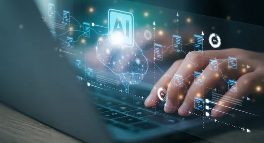 Generic AI text floating over a photo of hands on a laptop keyboard