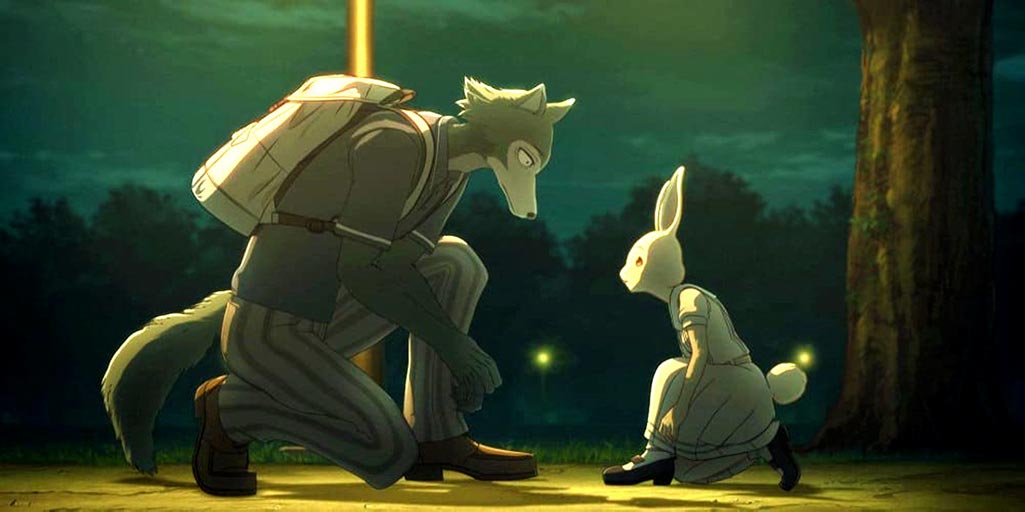 Legoshi and Haru from beastars look at each other while kneeling near a tree at night