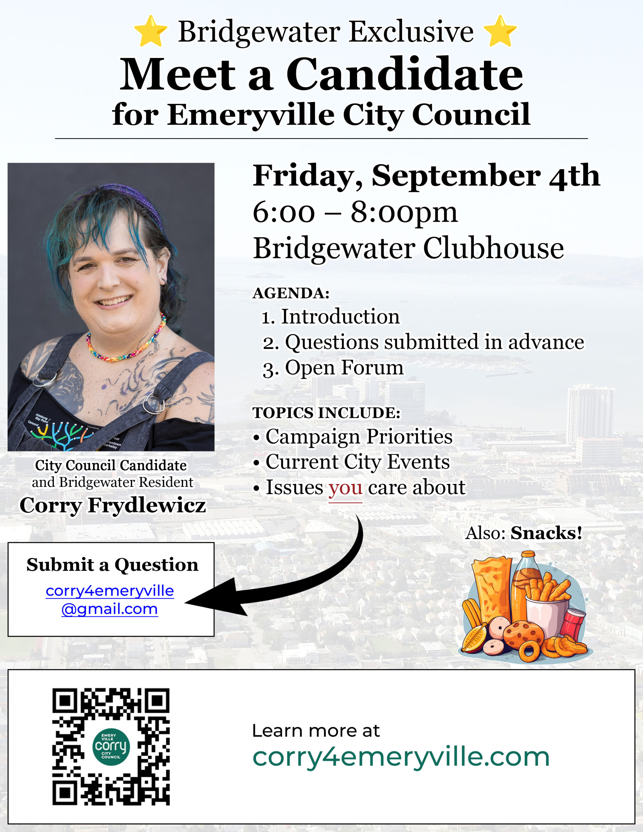 Flyer for Corry Frydlewicz's city council campaign meet and greet at the Bridgewater Clubhouse on September 4th, 2026 from 6 to 8pm.