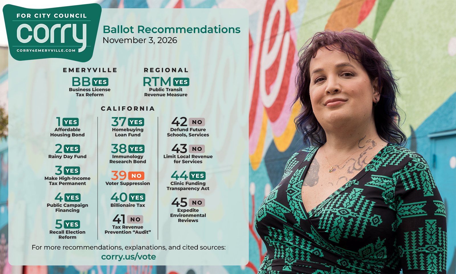 Shareable image displaying Corry Frydlewicz's recommendations and endorsements for the November 2026 election in California