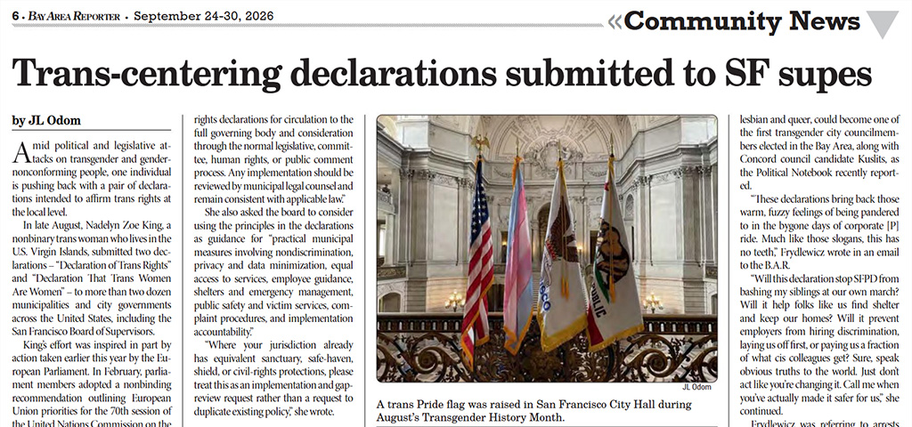 The Bay Area Reporter headline Trans-centering declarations submitted to SF supes