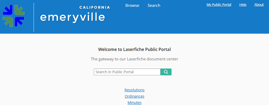 Screenshot of Emeryville's Laserfiche Portal homepage which includes a search bar and buttons for Browse and Search