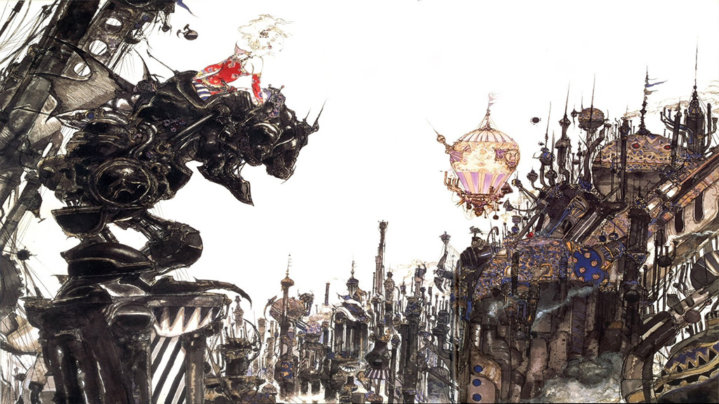 Yoshitaka Amano Concept Art from Final Fantasy VI depicts Terra riding MagiTek Armor and looking out over a steam punk city full of industrial details.
