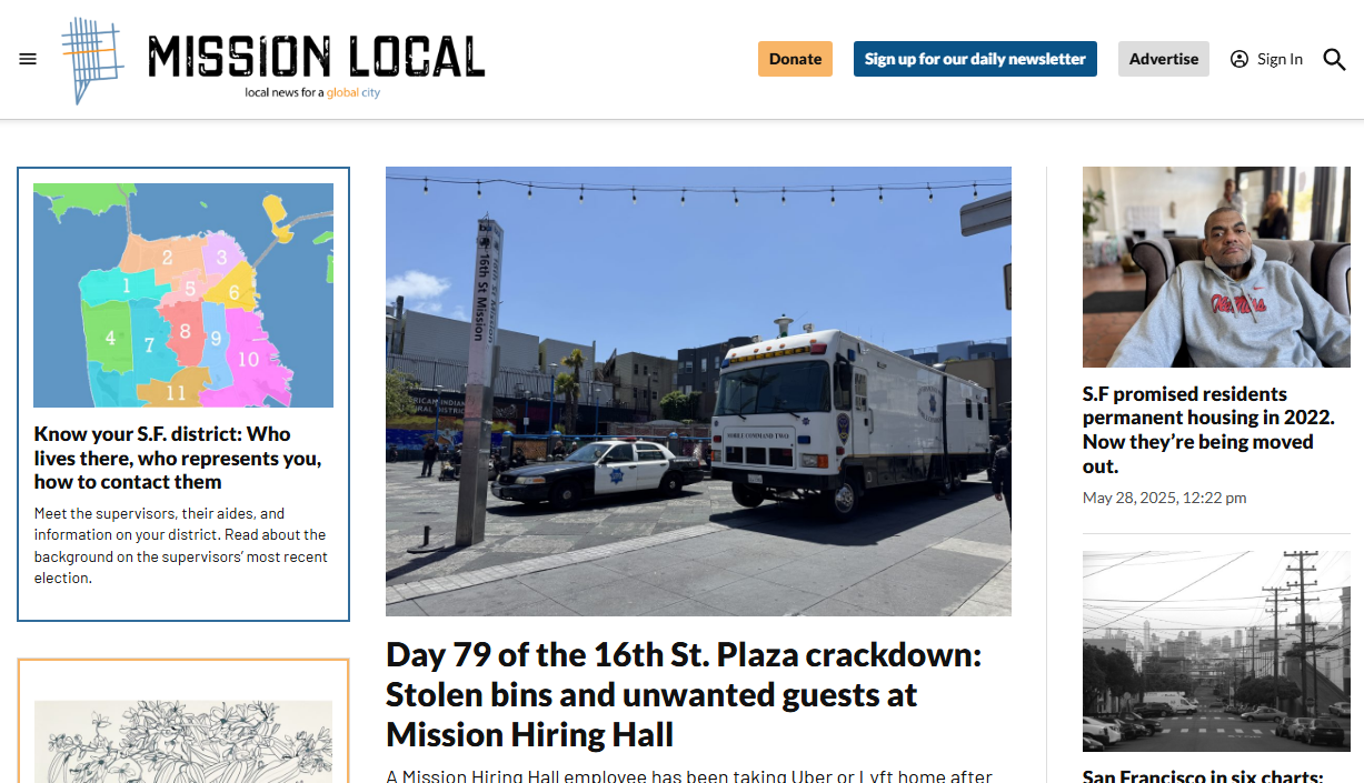 Screenshot of Mission Local homepage with headlines including: Day 79 of the 16th St. Plaza crackdown: Stolen bins and unwanted guests at Mission Hiring Hall and S.F promised residents permanent housing in 2022. Now they’re being moved out.