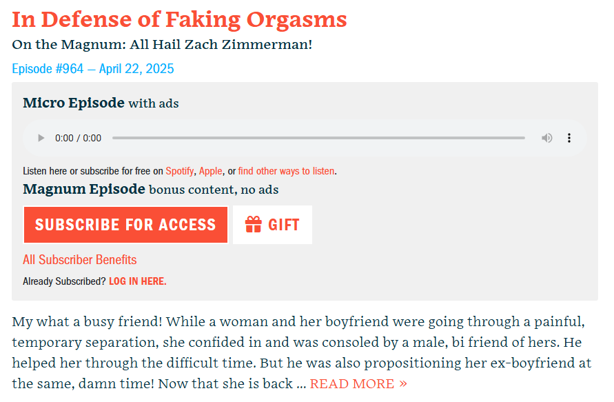 Screenshot of Savage Lovecast Episode 964: In Defense of Faking Orgasms