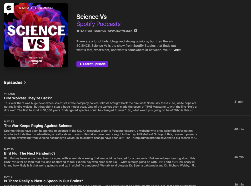 Screenshot of the Science Vs episode list including Is There Really a Plastic Spoon in Our Brains?
