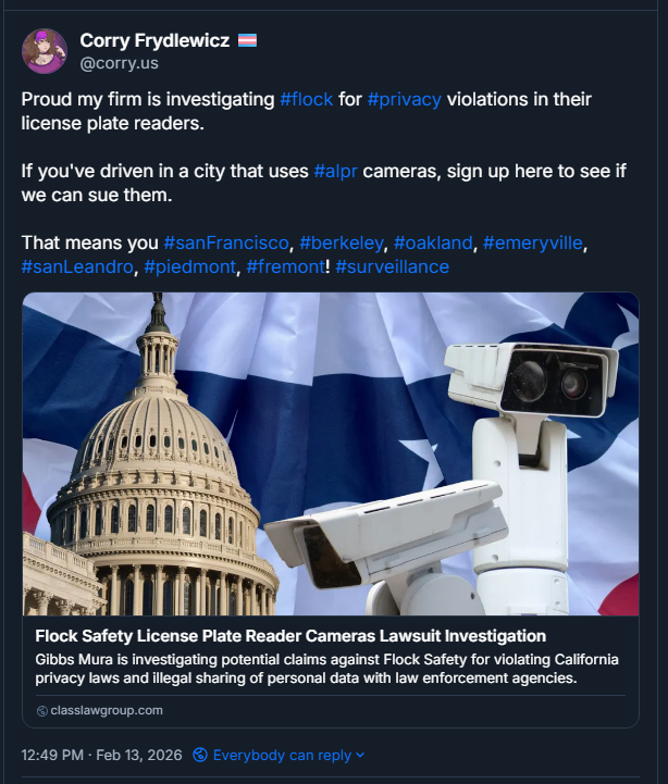 Proud my firm is investigating Flock for privacy violations in their license plate readers.
If you've driven in a city that uses ALPR cameras, sign up here to see if we can sue them.
That means you San Francisco, Berkeley, Oakland, Emeryville, San Leandro, Piedmont, Fremont!