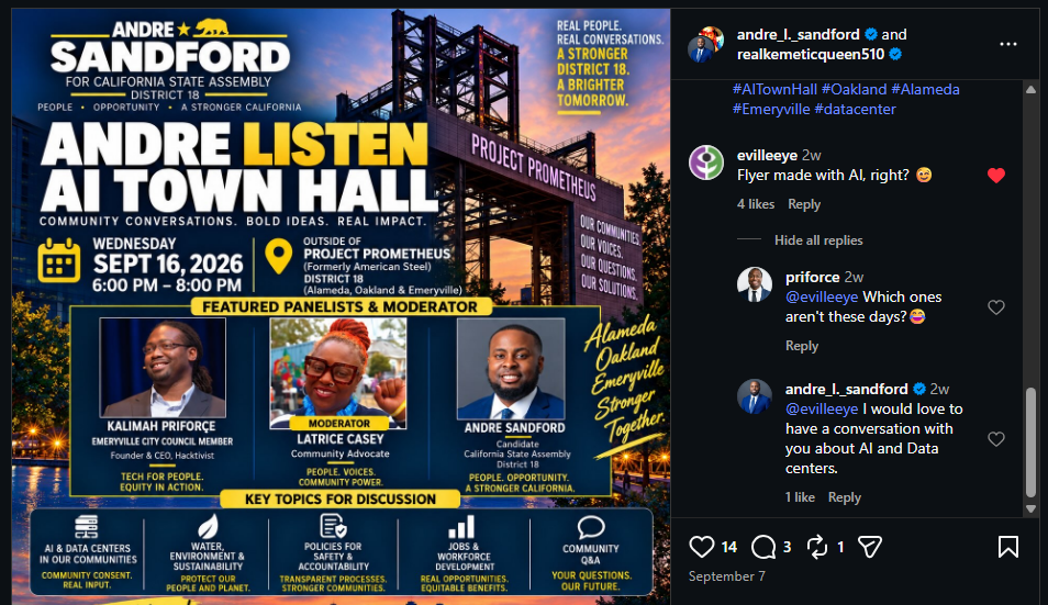 Screenshot of Andre Sandford's Instagram post promoting an AI Town Hall. The comments show he generated the banner with AI and he doesn't deny it.