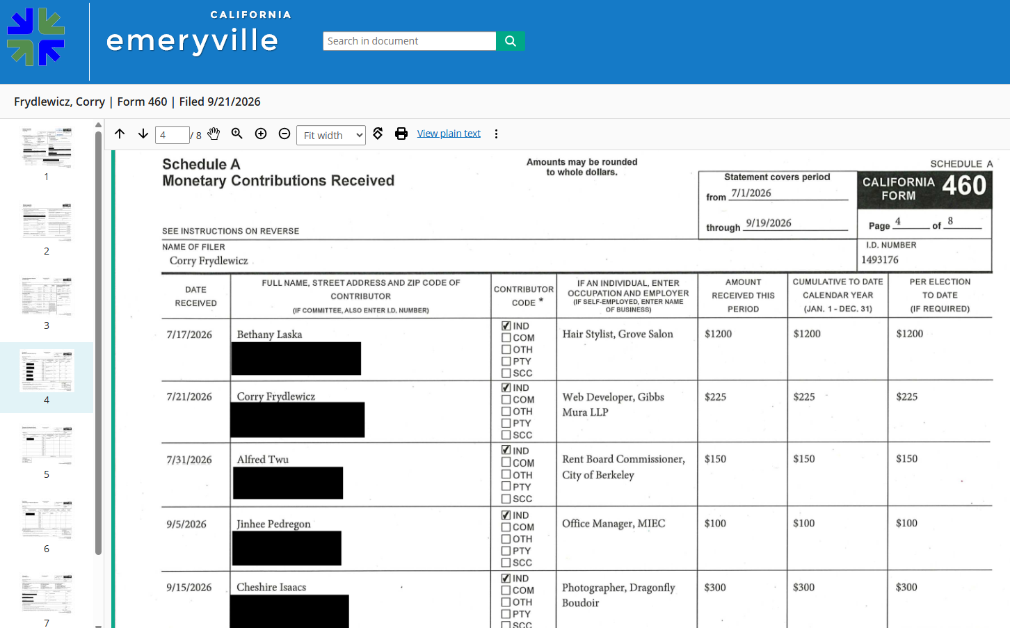 Screenshot of the first page of Corry Frydlewicz's Form 460 Schedule A showing donations between $100 and $1200 from individual donors and herself.