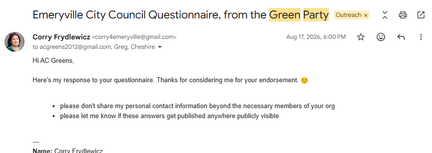Screenshot of the email Corry sent in response to The Green Party of Alameda County