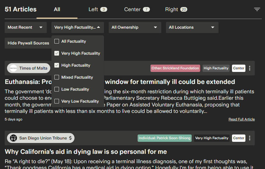 Screenshot of Ground News UI showing all the options for finding the version of a news story one is looking for.