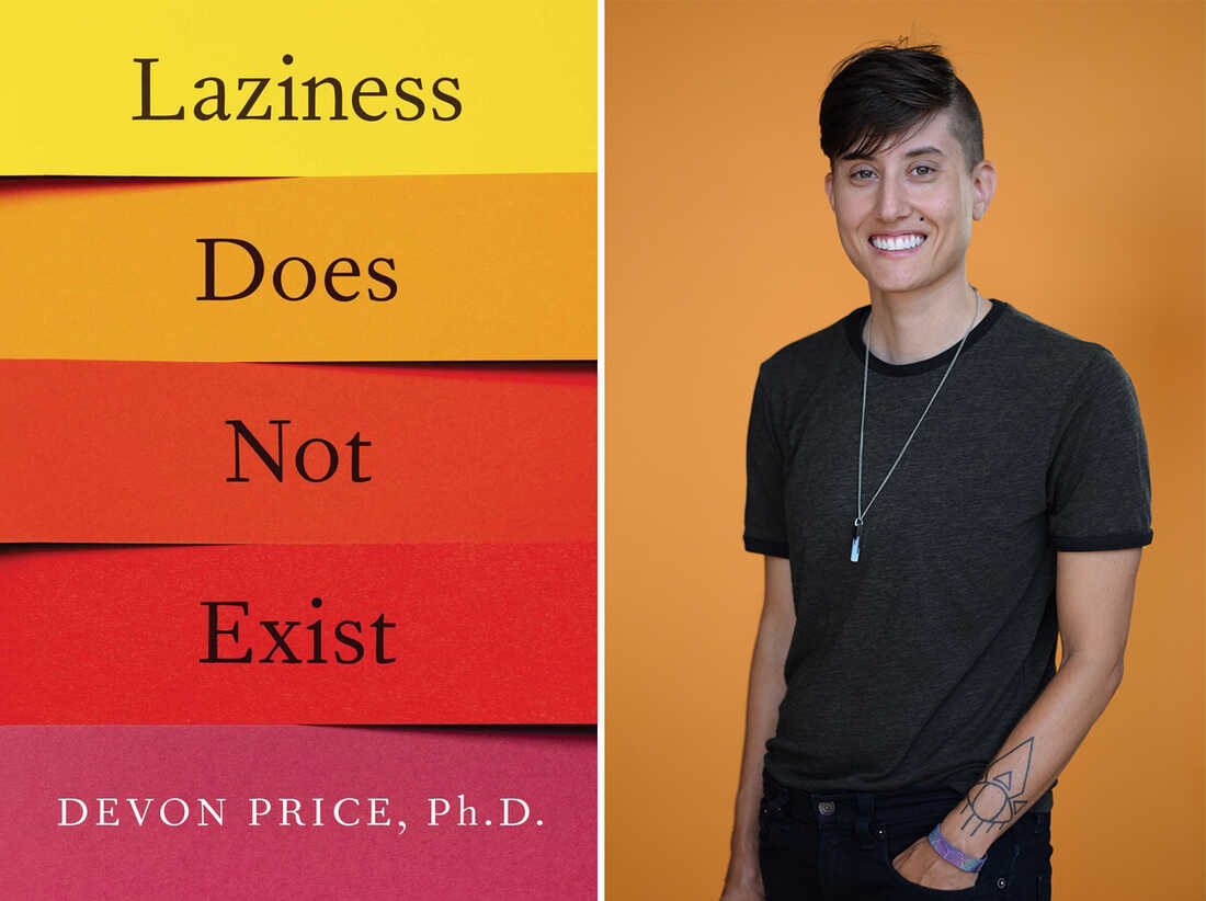 Devon Price portrait alongside image of his book Laziness Does Not Exist
