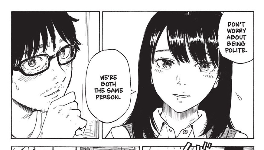 Inside Mari manga frame shows the male and female versions of the protagonist talking to each other. The female one says: No need to be polite. We're both the same person.