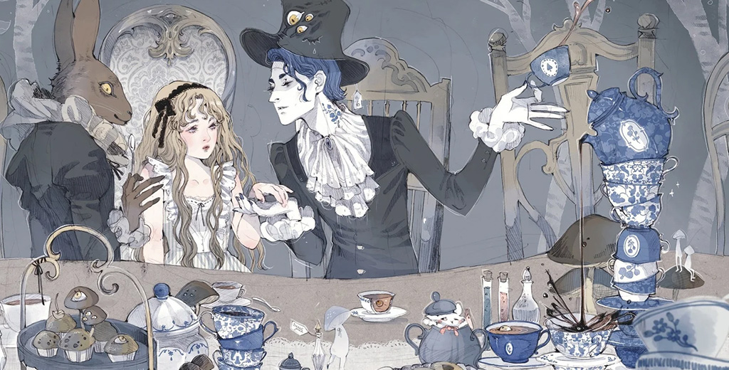A beautifully painted scene featuring Alice at the tea party scene with the mad hatter and march hare