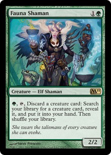 Fauna Shaman. 1G 2/2 Elf Shaman. G, Tap, Discard a creature card: Search your library for a creature card, reveal it, put it into your hand, then shuffle.