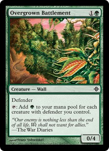 Overgrown Battlement. 1G 0/4 Wall. Defender. Tap: Add Green for each creature you control with defender.