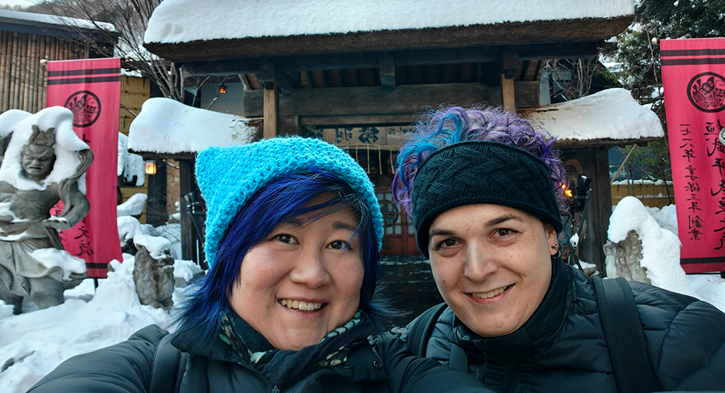 Sihaya and Corry selfie outside Ageha Inn in Yunishigawa.