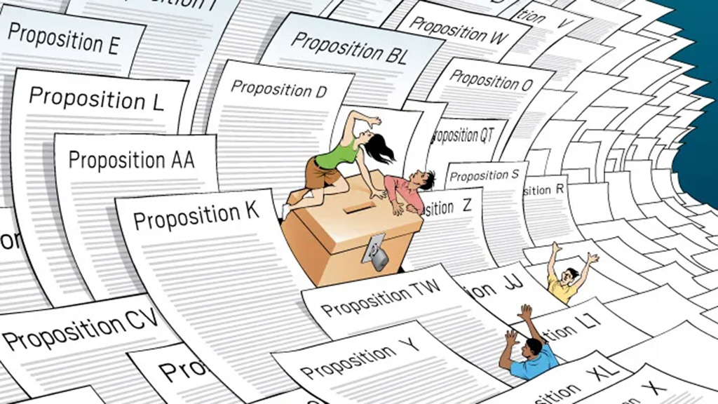 An illustration of voters being swept up in a huge wave made of documents labeled various propositions. One pair of voters cling to a ballot box floating on the wave.