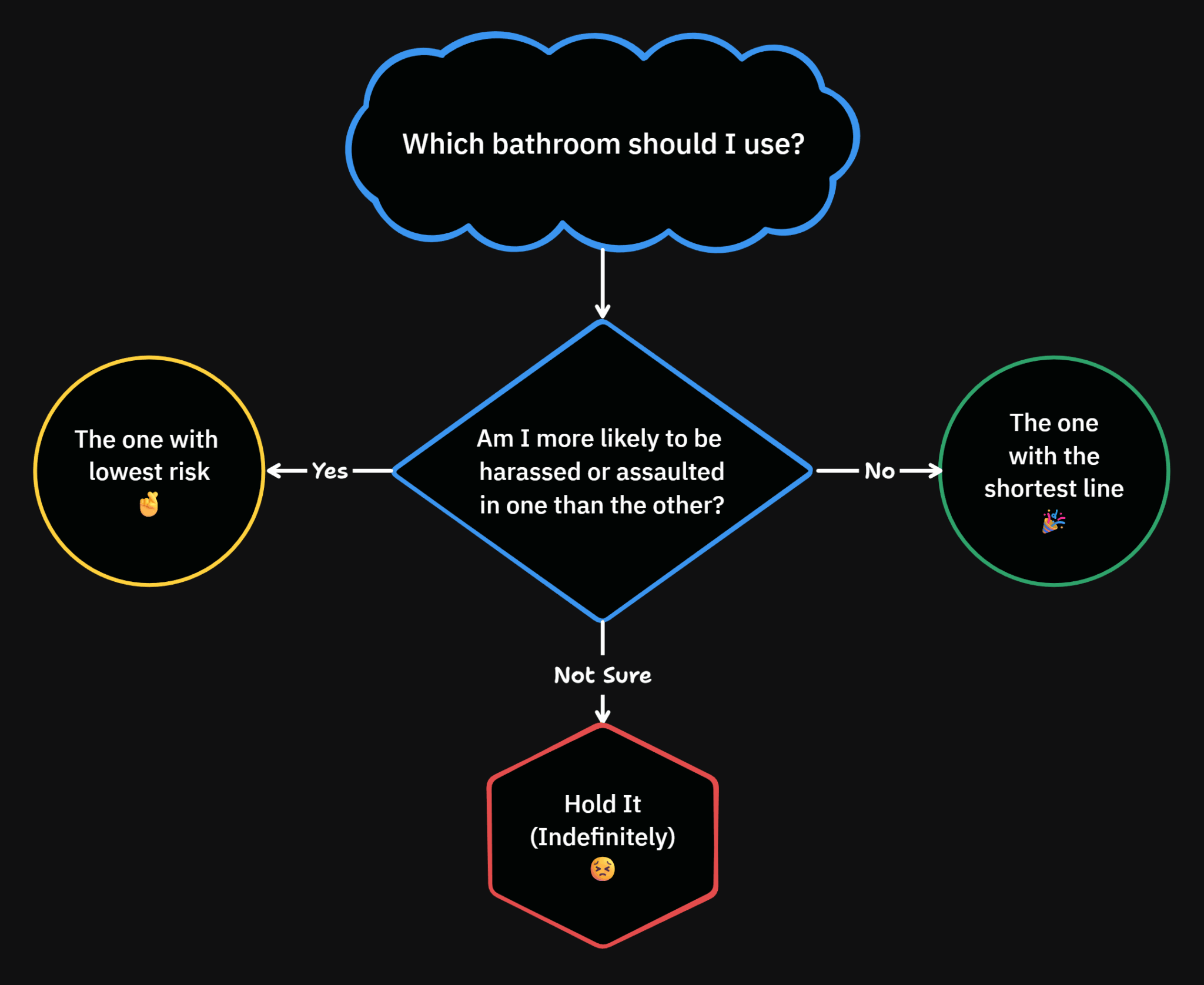 Flow chart: Which bathroom should I use? First (and only) question: Am I more likely to be harassed or assaulted in one than the other? If no, I go to the one with the shortest line. If yes, I go to the one with lowest risk and hope I was right in my assessment, and if I'm not sure, I hold it (indefinitely and uncomfortably).